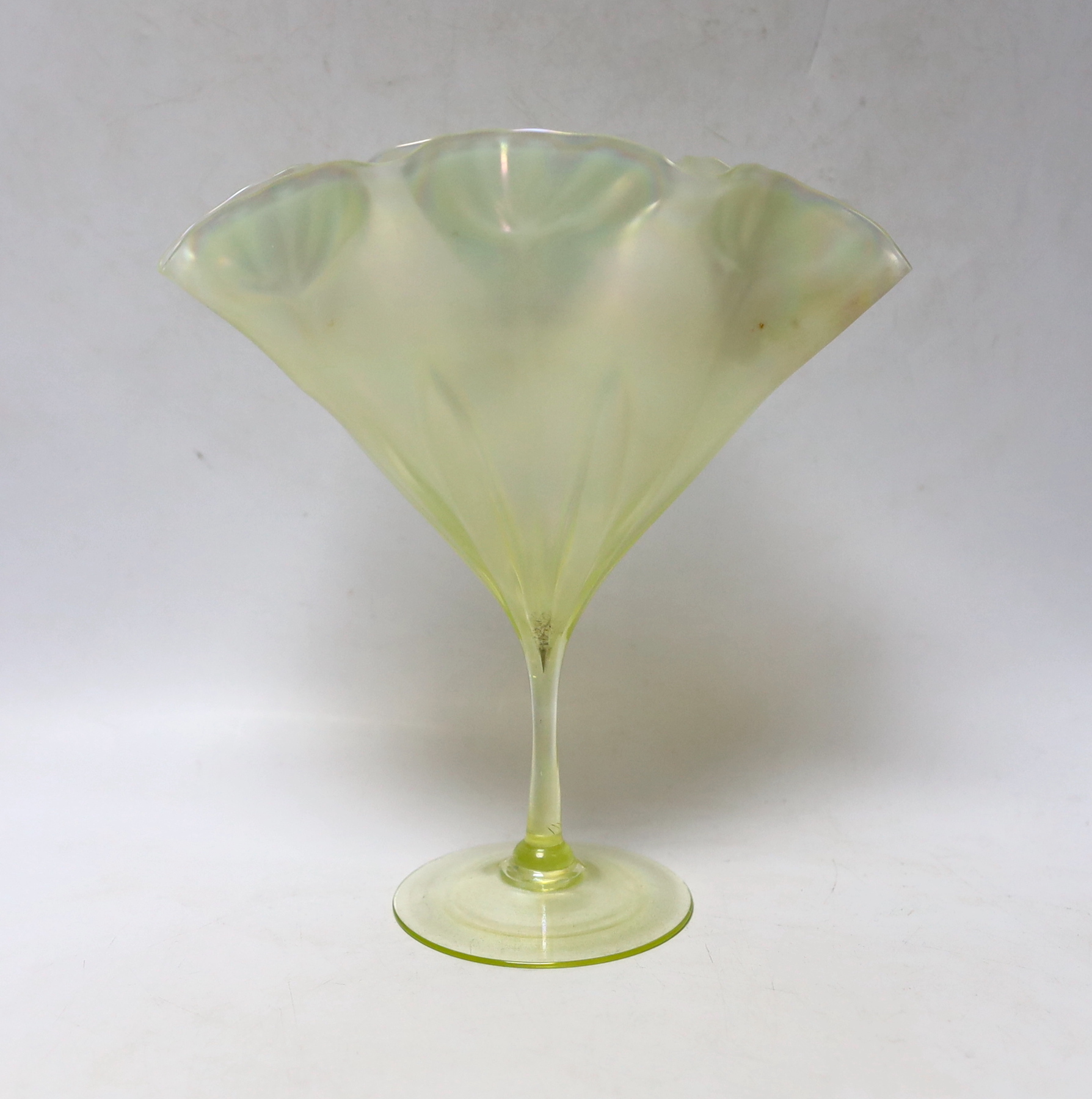 Attributed to Harry Powell for Whitefriars - an iridescent vaseline glass floriform vase, 21cm high